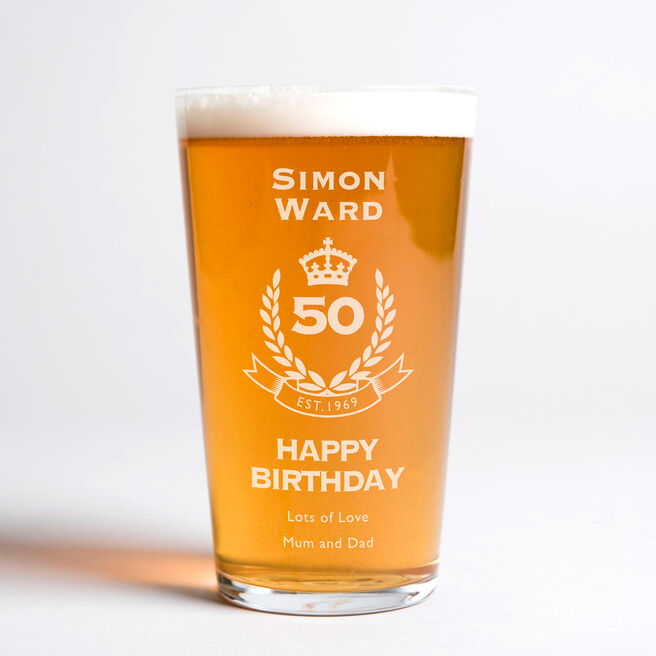 Personalised Pint Glass - 50th Birthday Crest