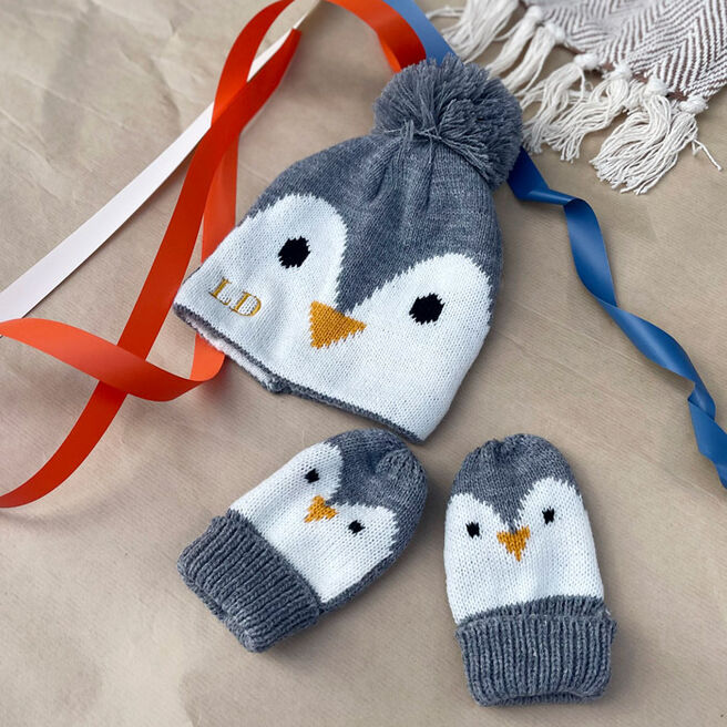 Personalised Baby Penguin Hat and Mittens Set