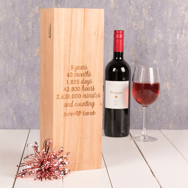 Personalised Luxury Wooden Wine Box - 5th Anniversary