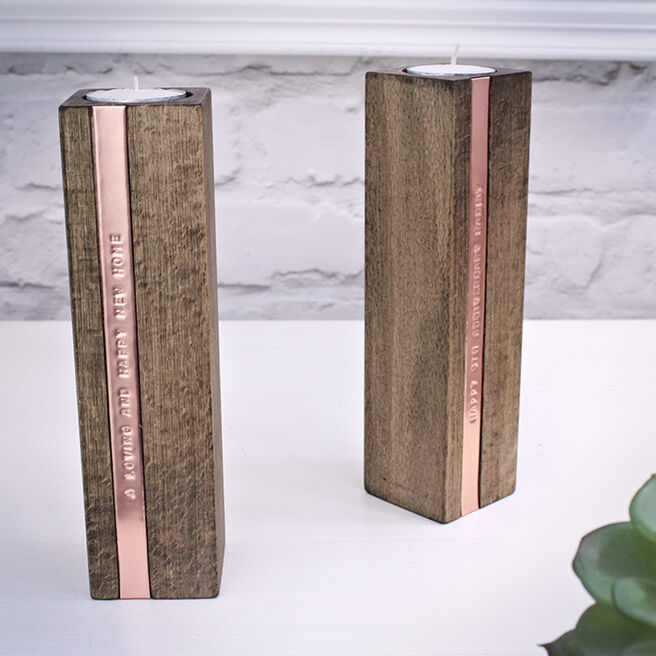 Personalised Set of 2 Wooden Copper Candle Holders - Message
