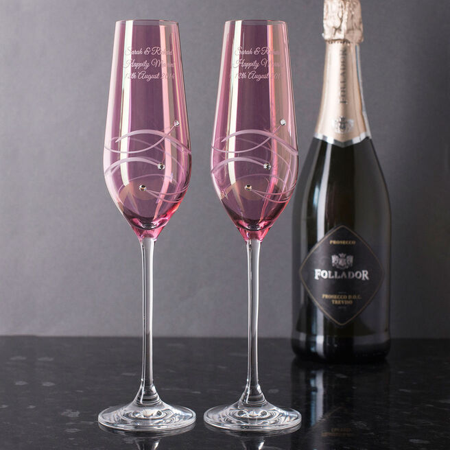 Engraved Pink Swarovski Elements Diamante Champagne Flutes
