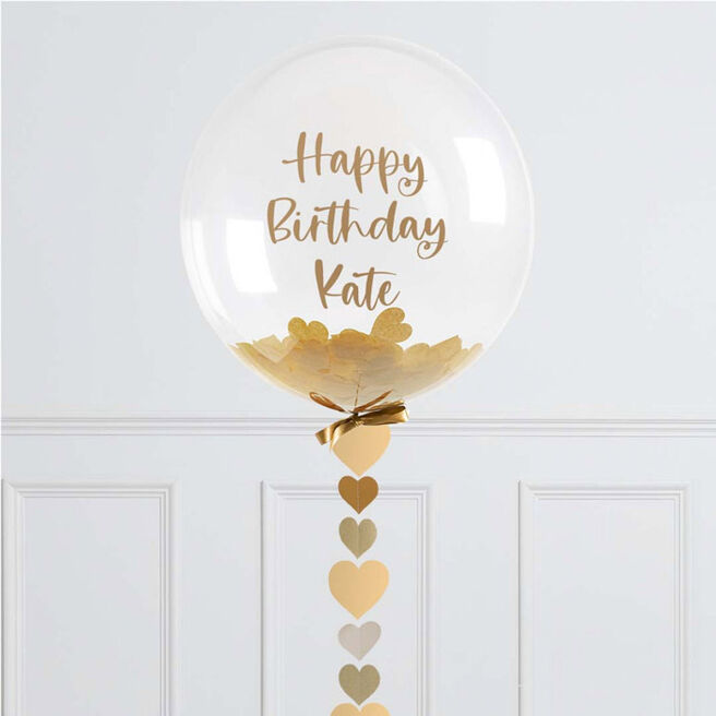 Personalised Gold Heart Confetti Helium Bubble Balloon - FREE DELIVERY