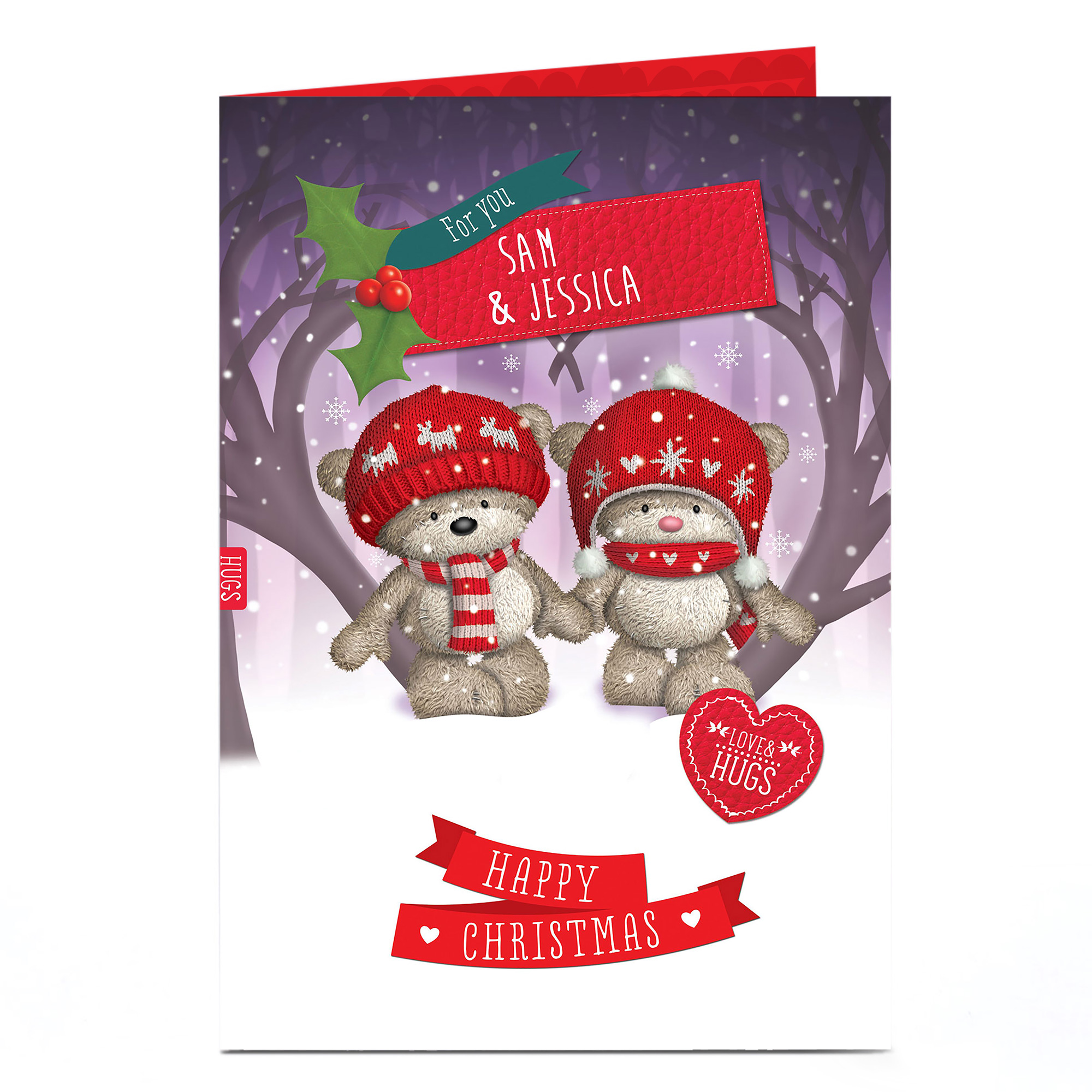 Personalised Hugs Bear Christmas Card - Couple In Snow