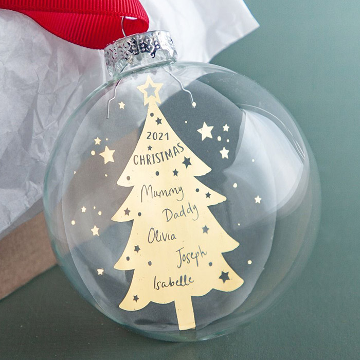 Personalised Family Christmas Tree Foiled Glass Bauble