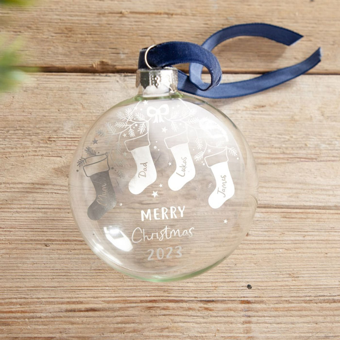 Personalised Christmas Stockings Family Foiled Glass Bauble