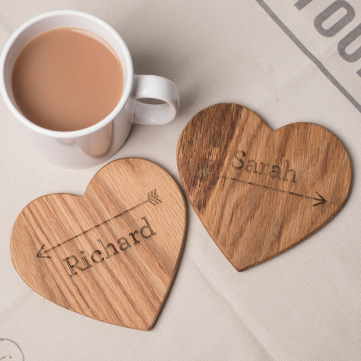 Personalised Set Of 2 Wooden Heart Coasters - Arrow