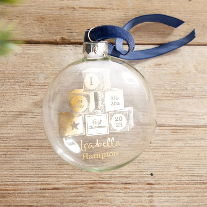 Personalised First Christmas Baby Building Blocks Foiled Glass Bauble