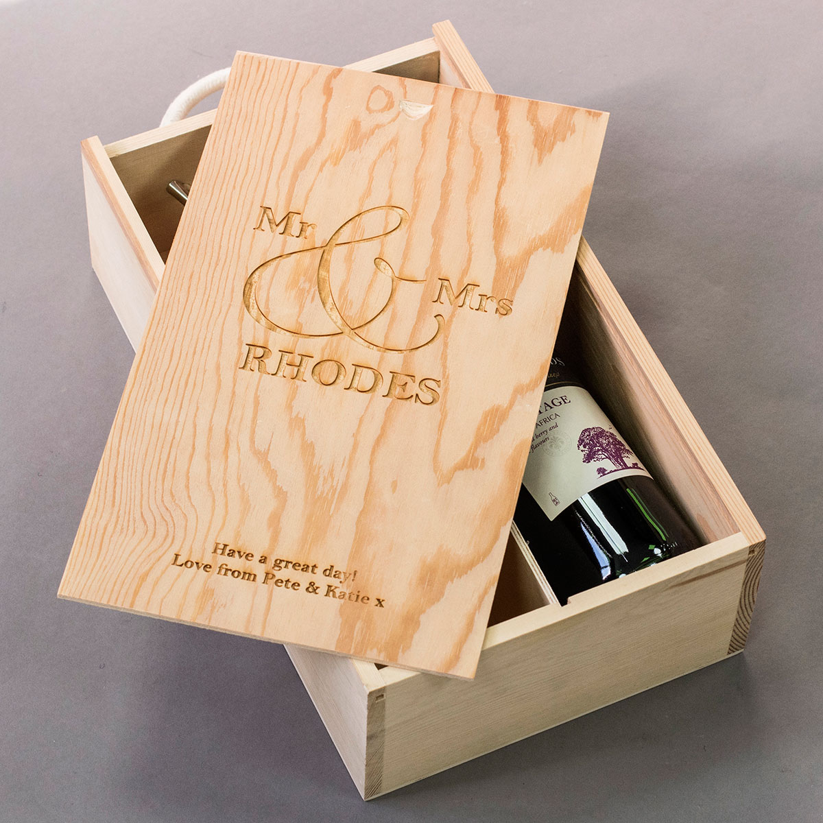 Personalised Two Bottle Sliding Wooden Wine Box - Mr and Mrs