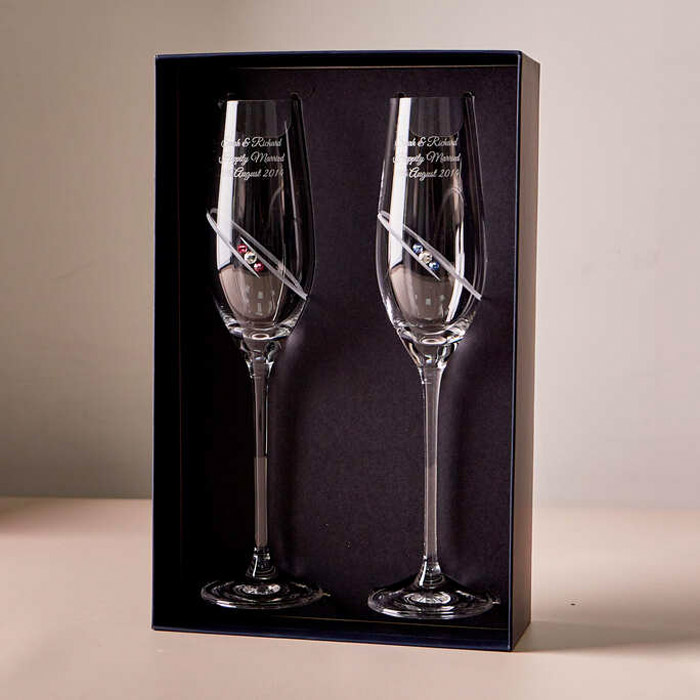 Engraved Pink & Blue Swarovski Crystal Champagne Flute Pair