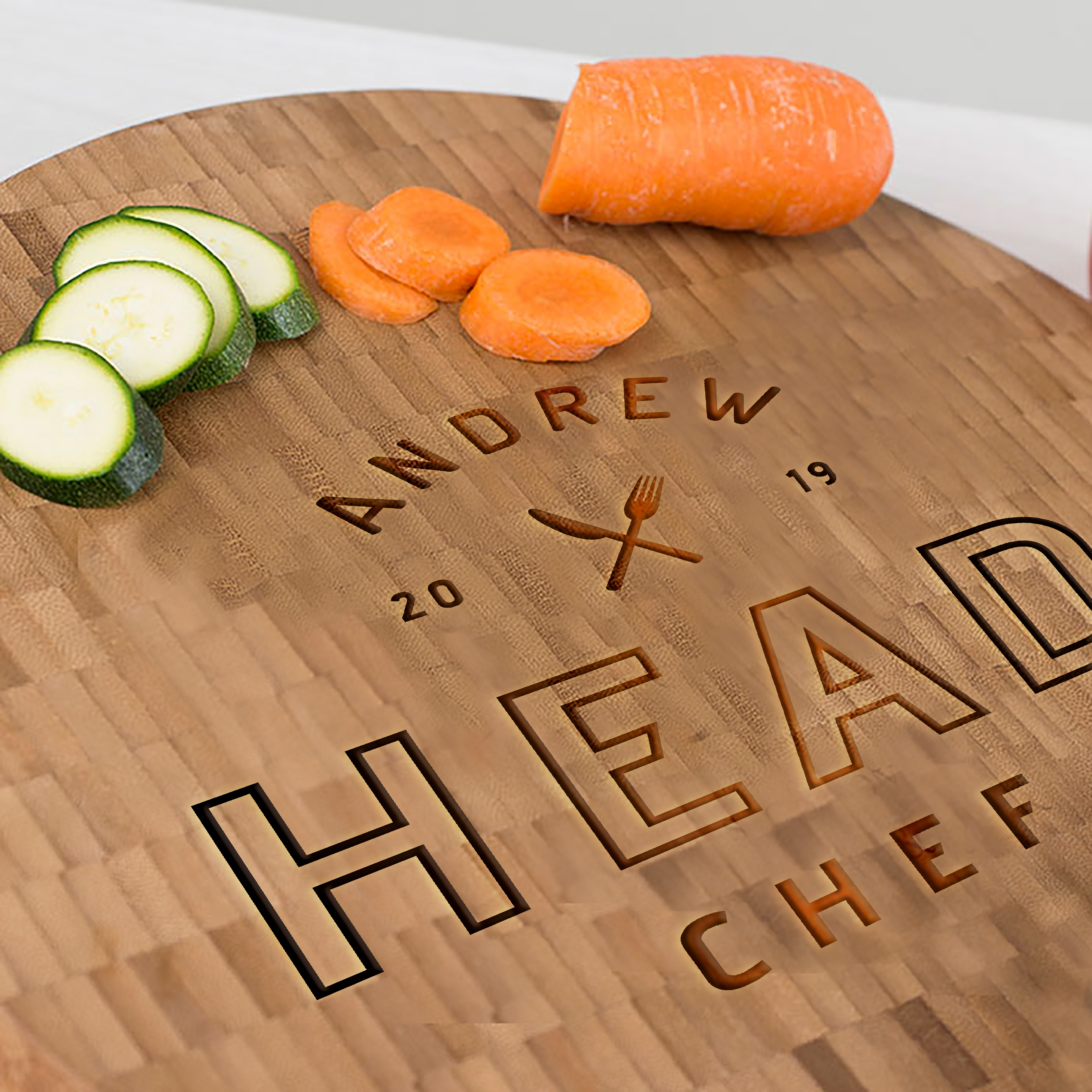 Personalised Large Round Bamboo Chopping Board - Knife & Fork