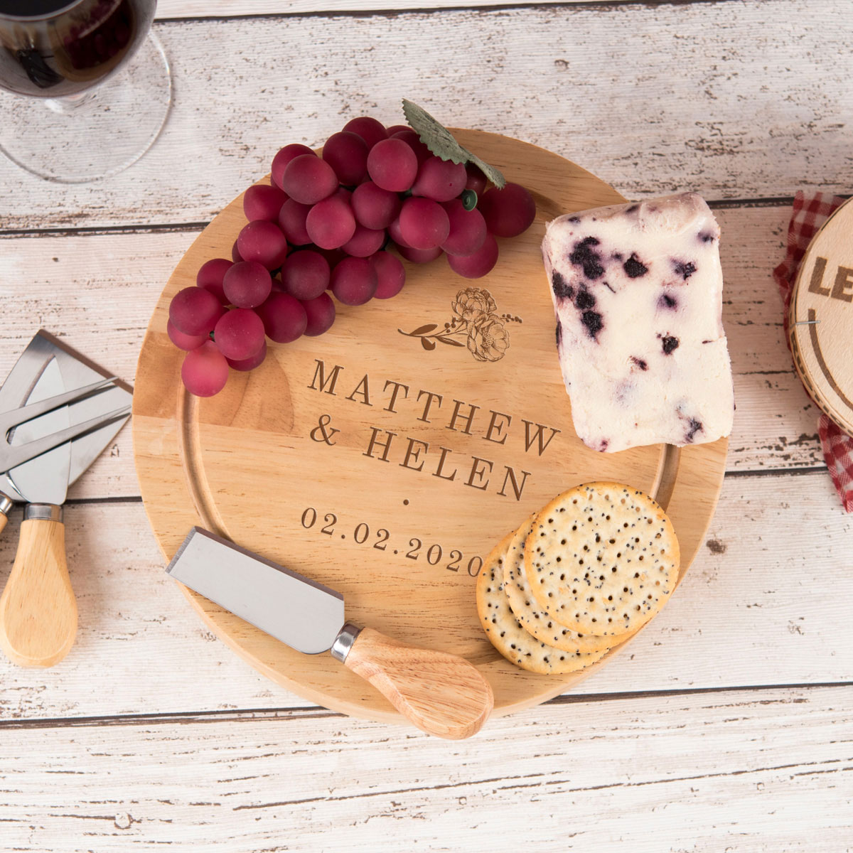 Personalised Wooden Cheeseboard Set - Vintage Blossom Couple