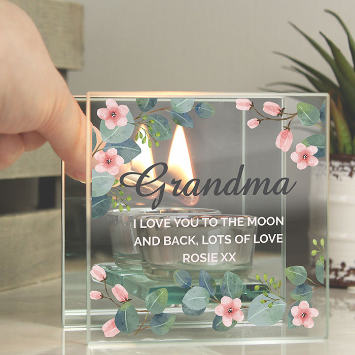 Personalised Floral Leaf Mirrored Glass Tea Light Candle Holder - Exclusive