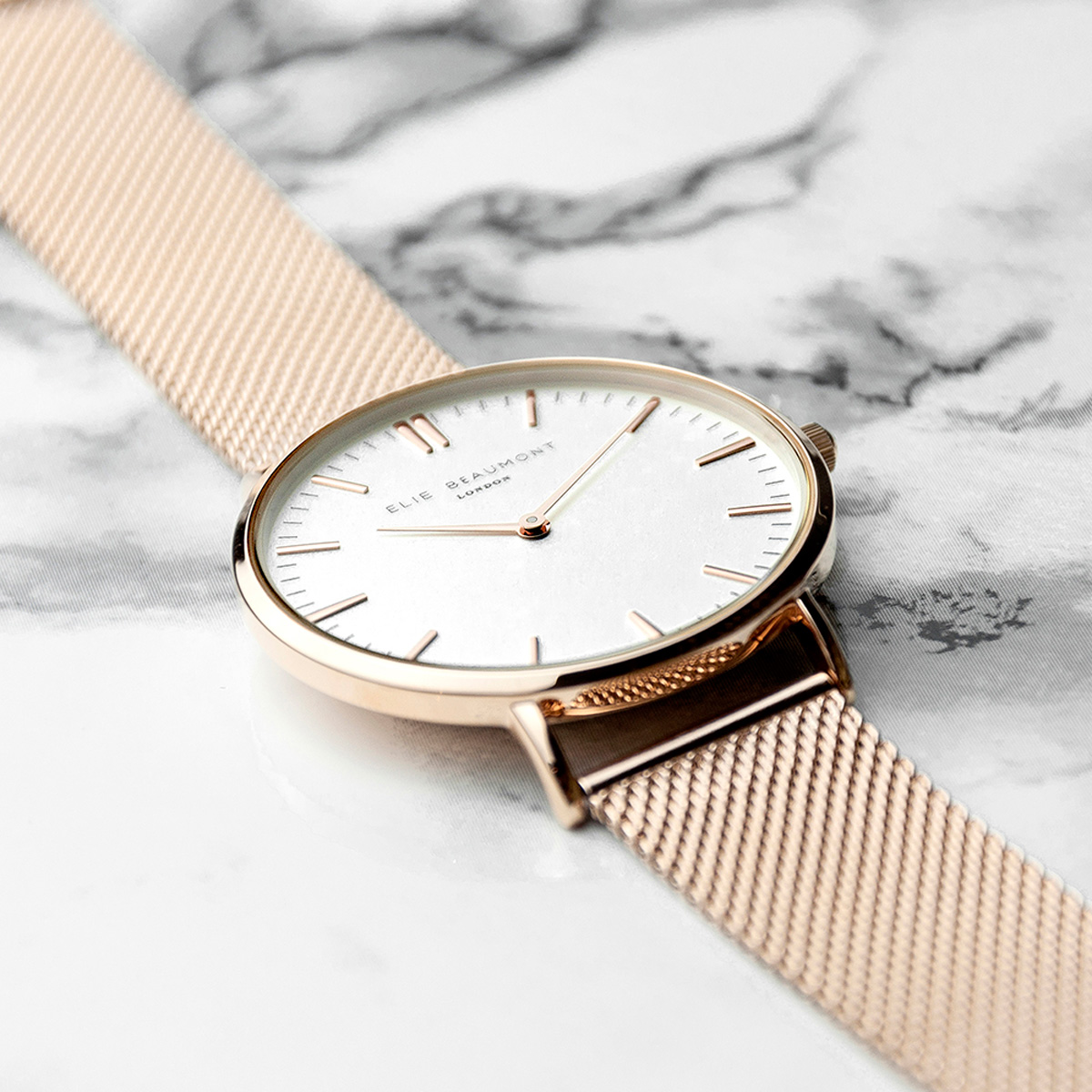 Personalised Women's Rose Gold Mesh Strap Watch With White Dial