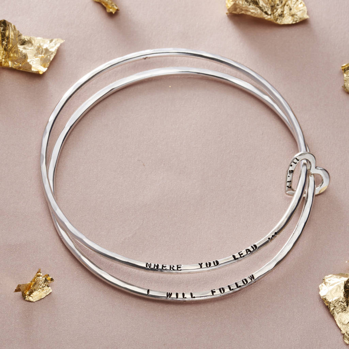 Personalised Posh Totty Designs Sterling Silver Double Bangle With Heart Charm