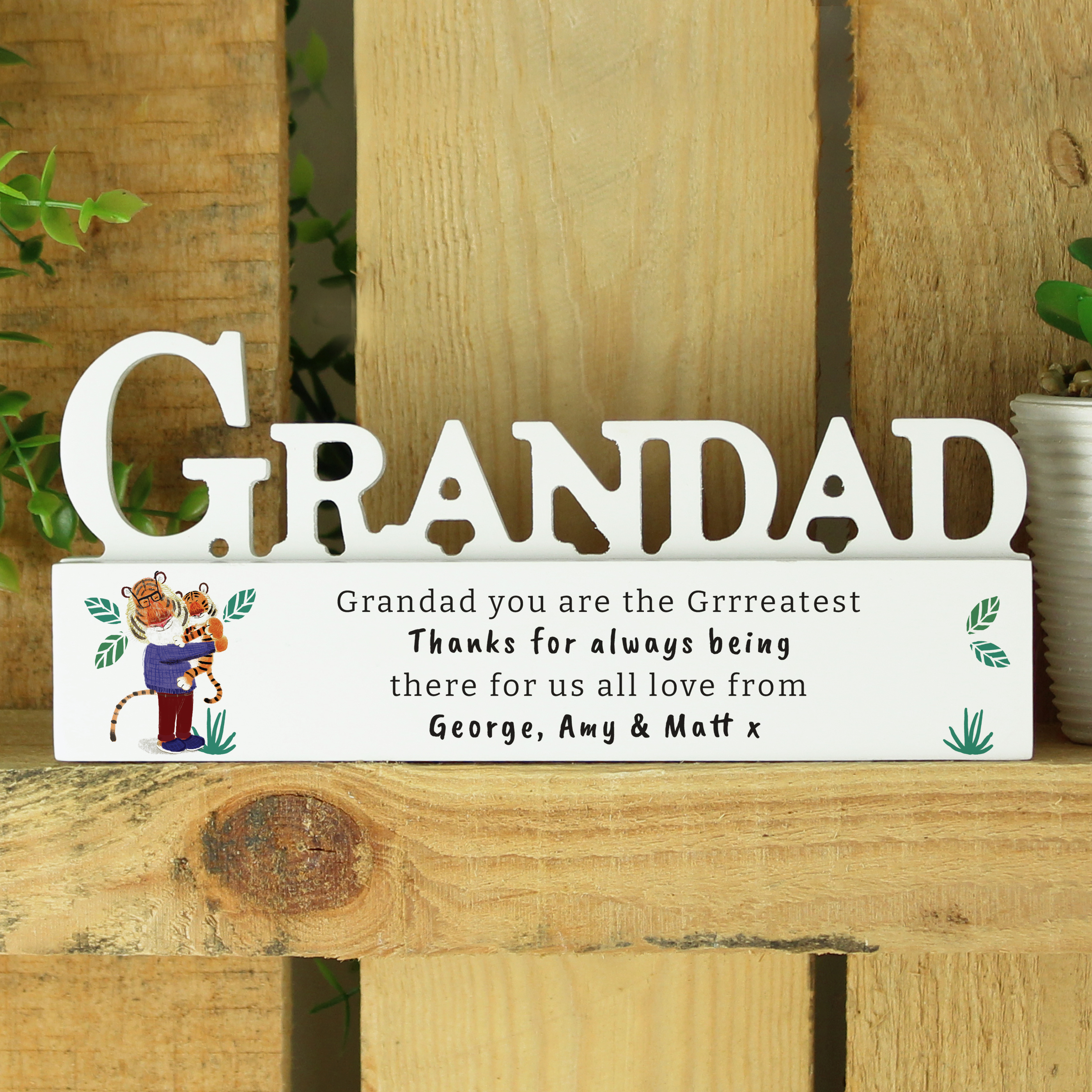 Personalised Wooden Grandad Ornament with Tiger Design