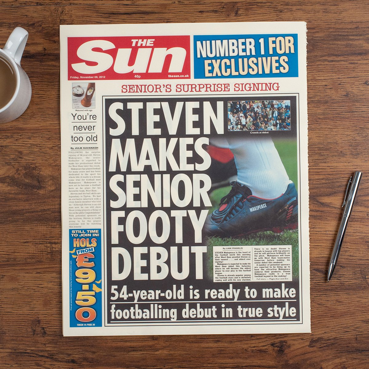 The Sun Personalised Spoof Newspaper Article - Football's Oldest Signing