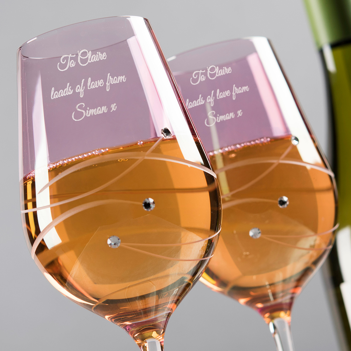 Engraved Pink Swarovski Elements Diamante Wine Glass Set