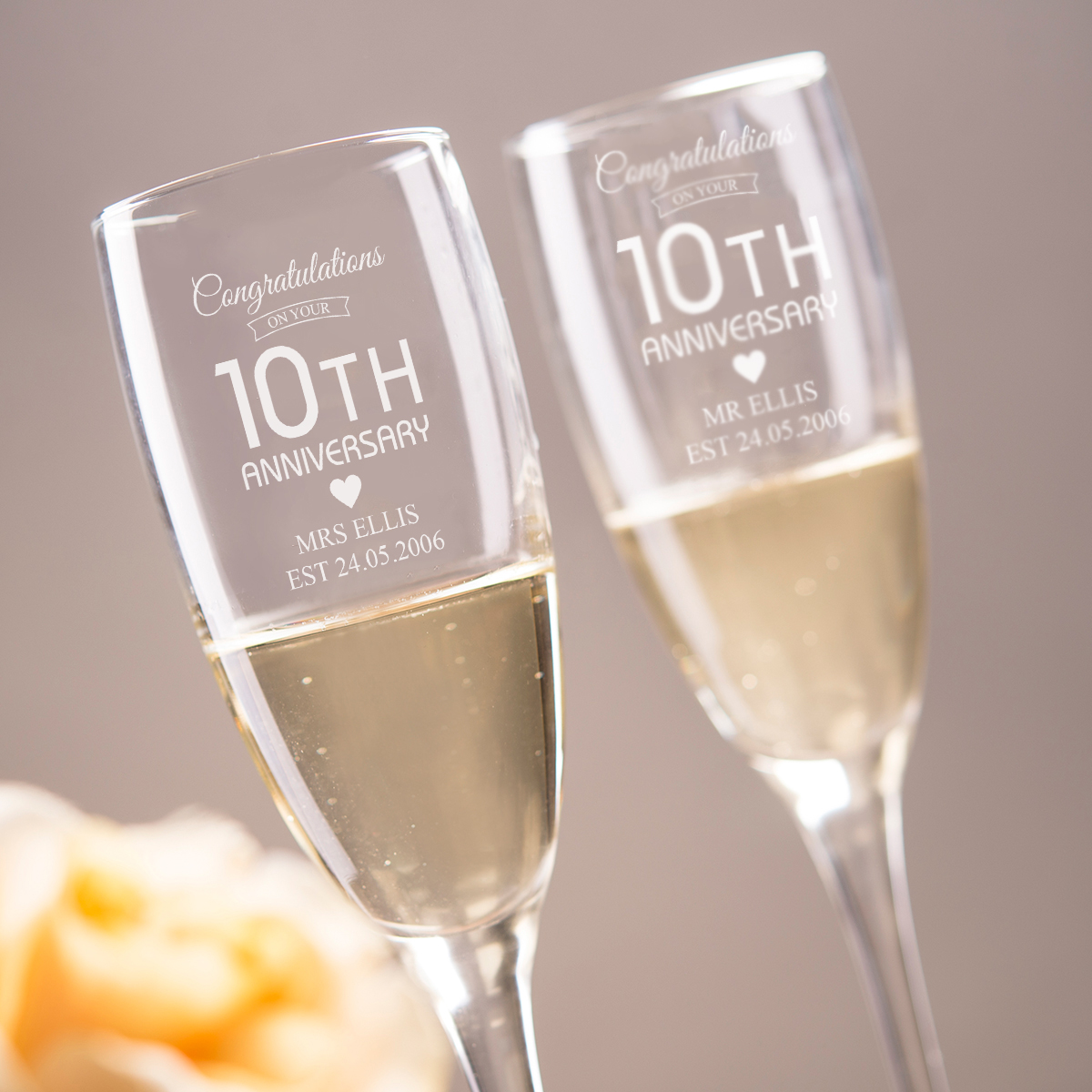Personalised Champagne Flutes - 10th Anniversary