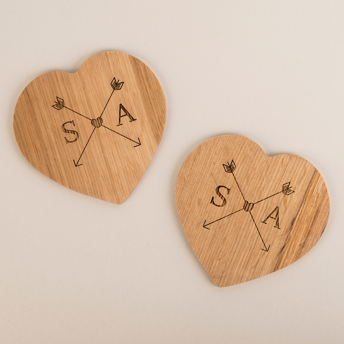 Engraved Set Of 2 Wooden Heart Coasters - Couple's Initials Arrows