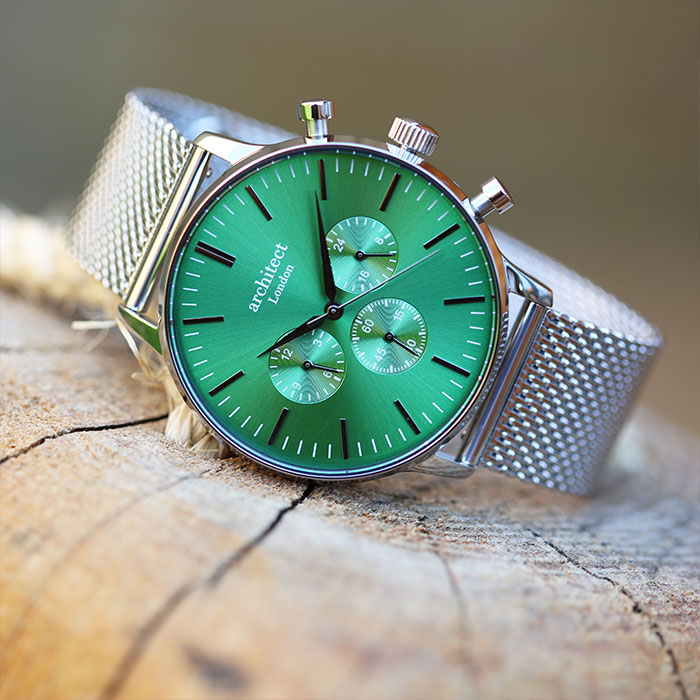 Men's Personalised Watch - Architect Motivator in Green with Silver Mesh Strap