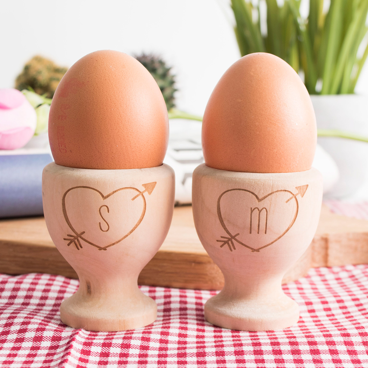 Personalised Set Of 2 Wooden Egg Cups - Love Hearts