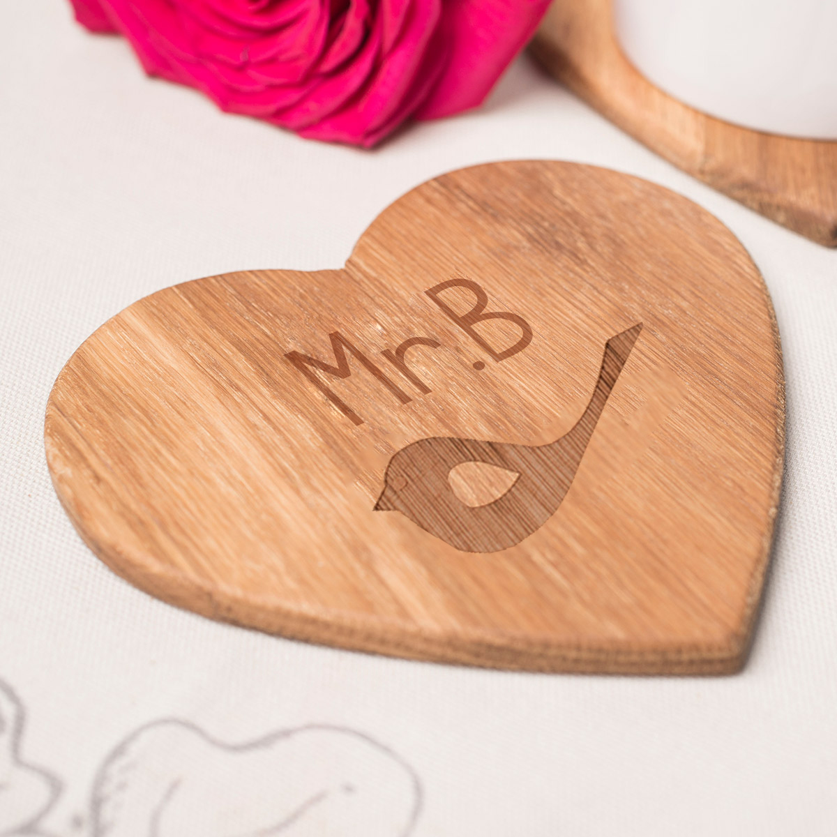 Personalised Set Of 2 Wooden Heart Coasters - Love Birds
