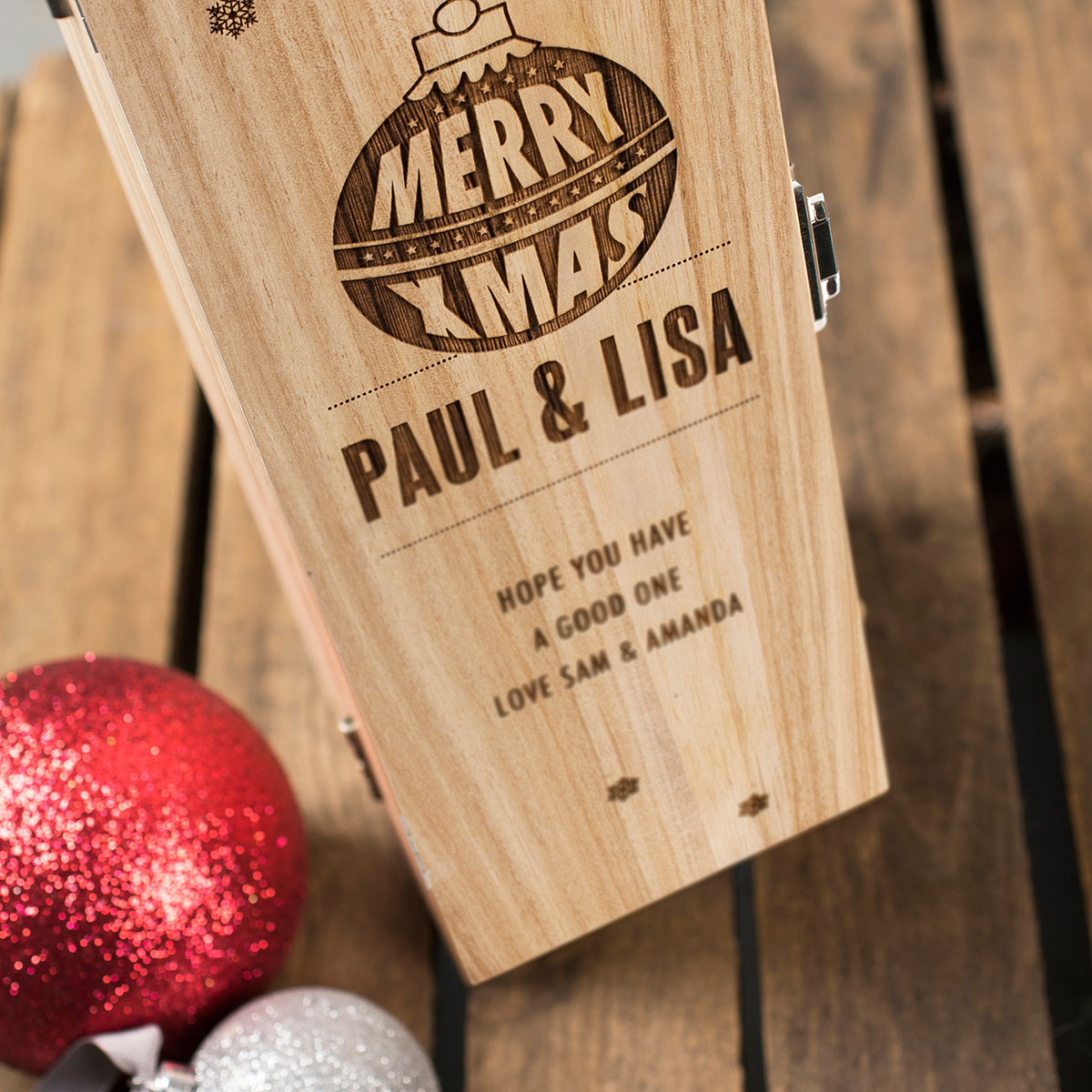Personalised Luxury Wooden Wine Box - Merry Christmas Bauble