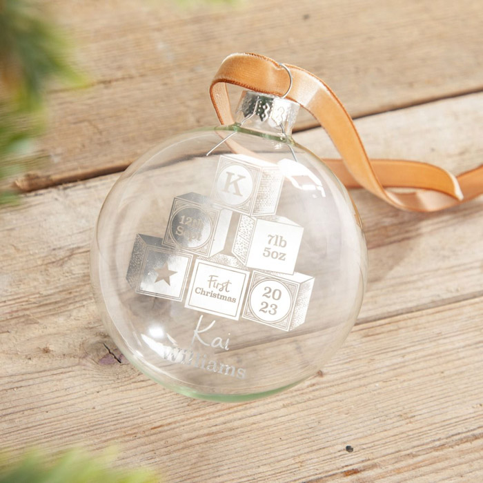 Personalised First Christmas Baby Building Blocks Foiled Glass Bauble