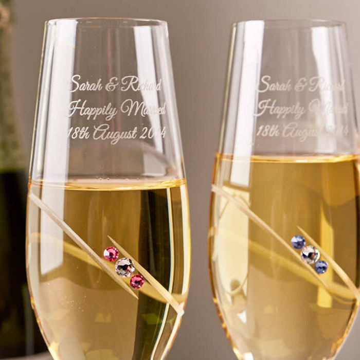 Engraved Pink & Blue Swarovski Crystal Champagne Flute Pair