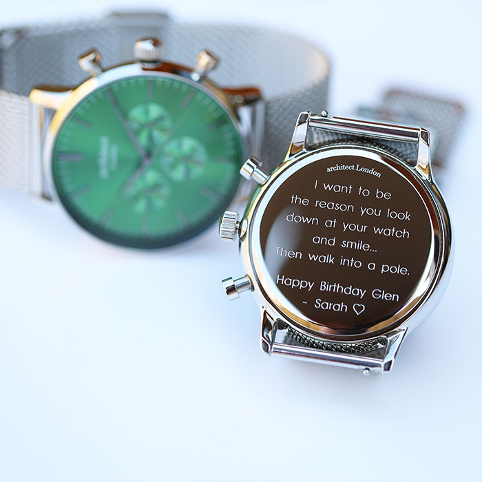 Men's Personalised Watch - Architect Motivator in Green with Silver Mesh Strap