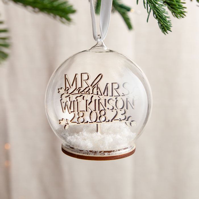 Personalised Couple's Cut Out Wooden Names and Date Christmas Bauble