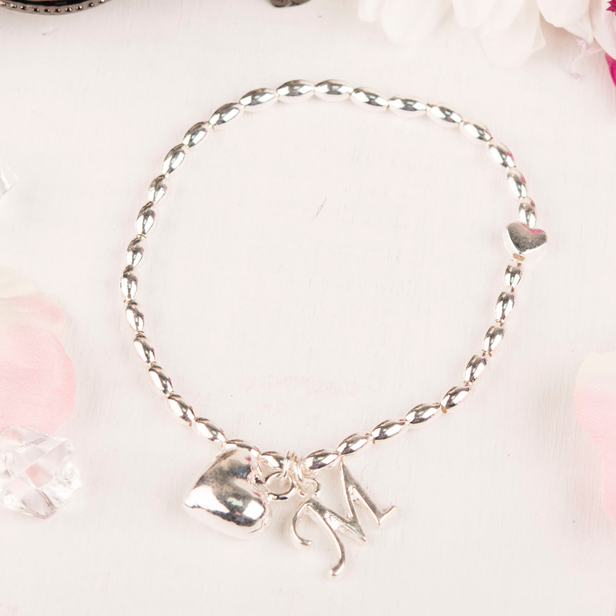Personalised Silver Bracelet - Initial & Heart Charm