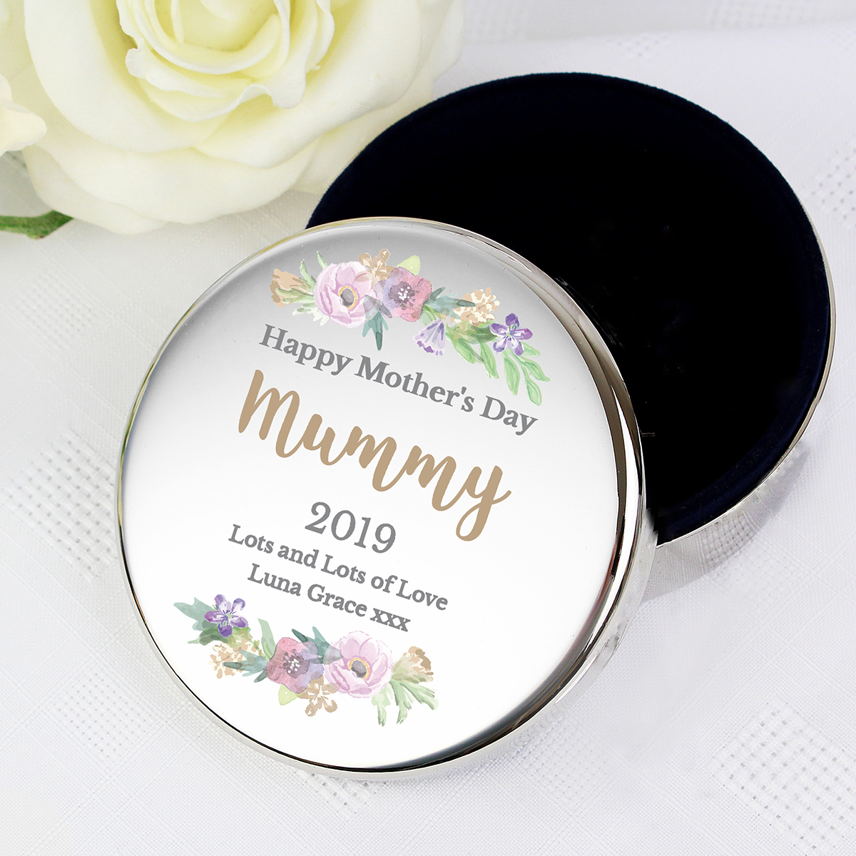 Personalised Round Trinket Box - Floral Watercolour
