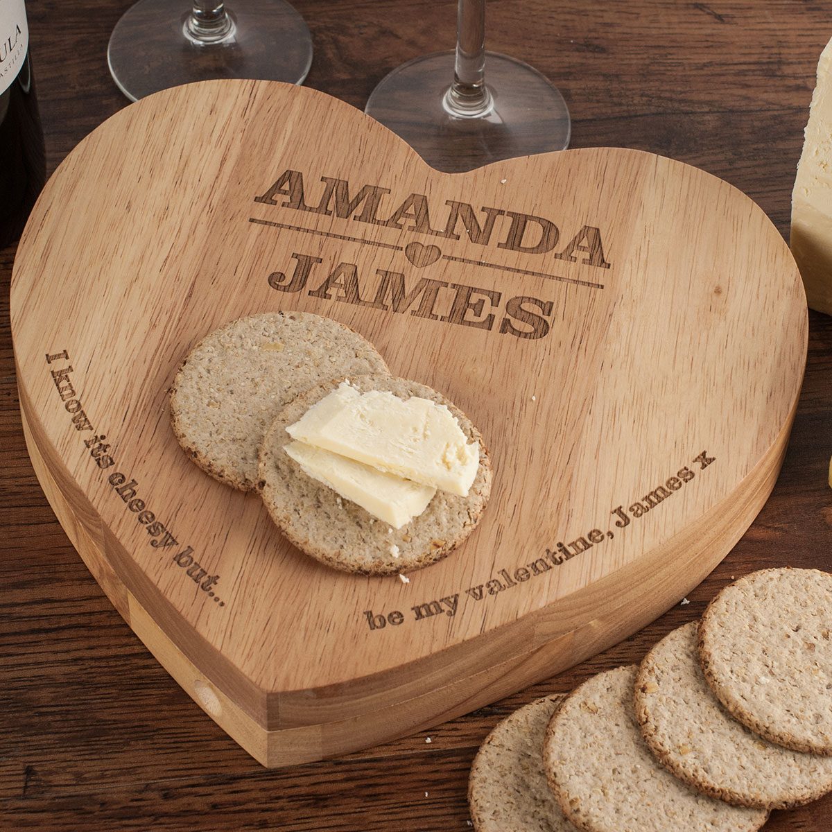 Personalised Heart Shaped Wooden Cheeseboard Set - Couples