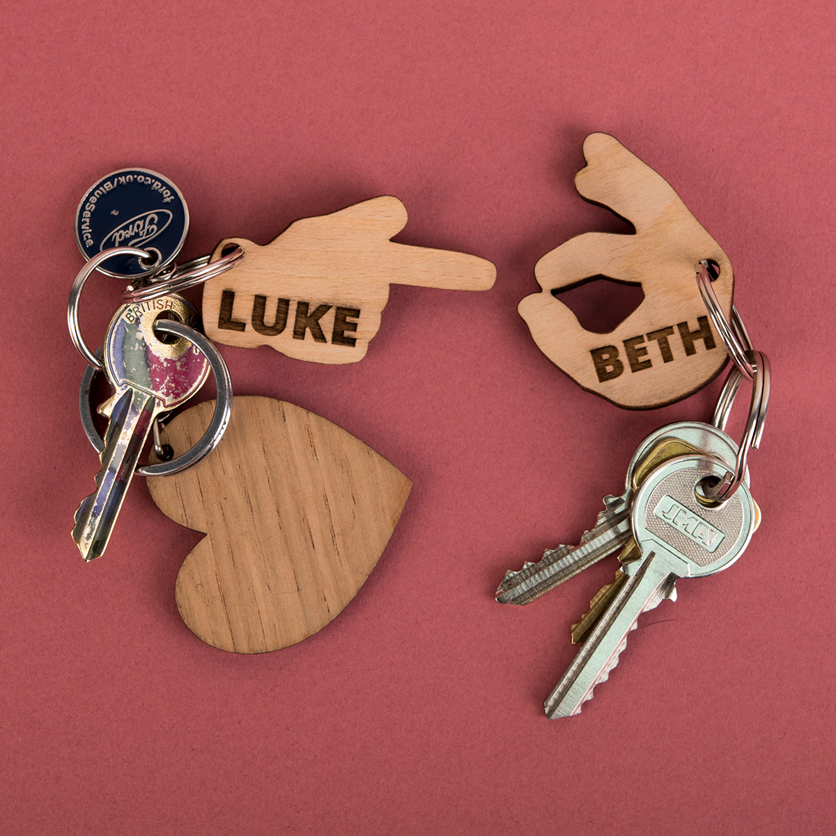 Engraved Set Of 2 Wooden Key Rings - Hand