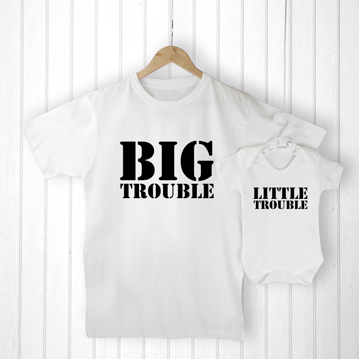 Daddy & Me T-Shirt Set - Here Comes Trouble With Personalised Bag