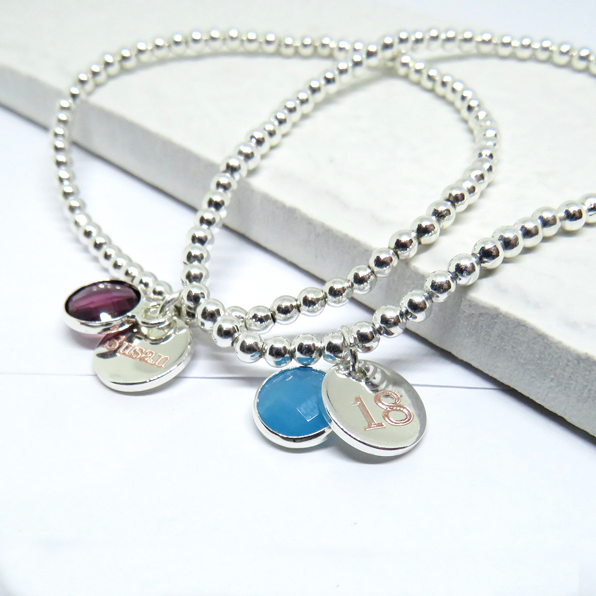 Personalised Bracelet - Clarendon Stacking Ball Silver Plated Mini Disc Birthstone