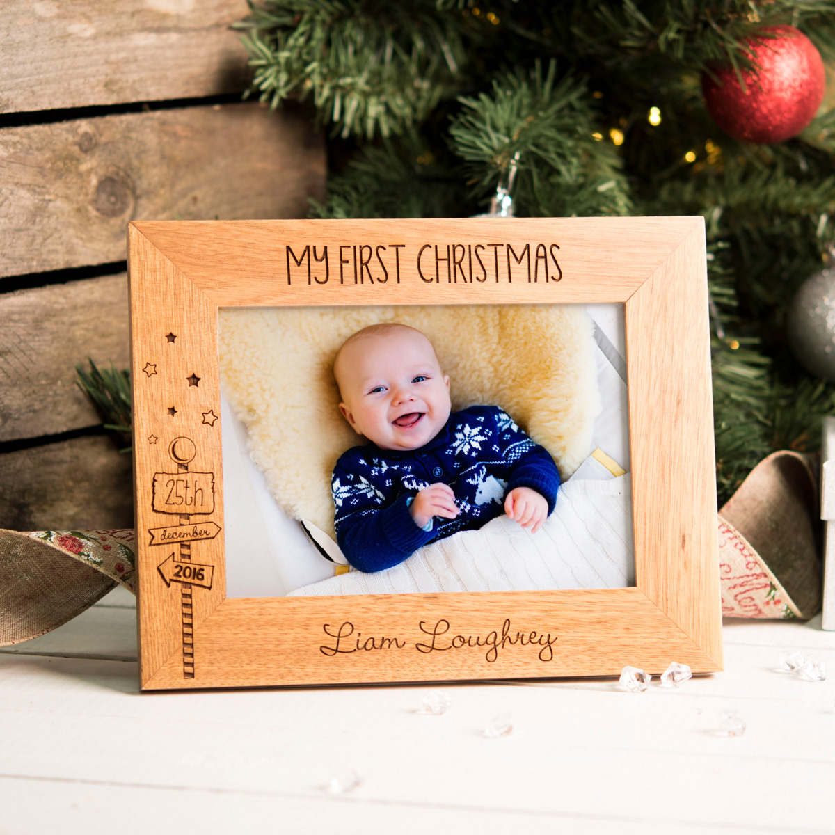 Engraved Wooden Photo Frame - First Christmas, Signpost