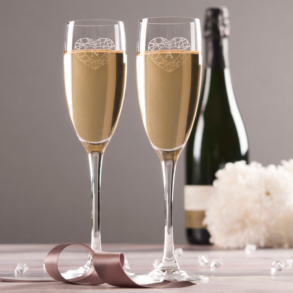 Personalised Set Of 2 Champagne Flutes - Geometric Hearts & Initials