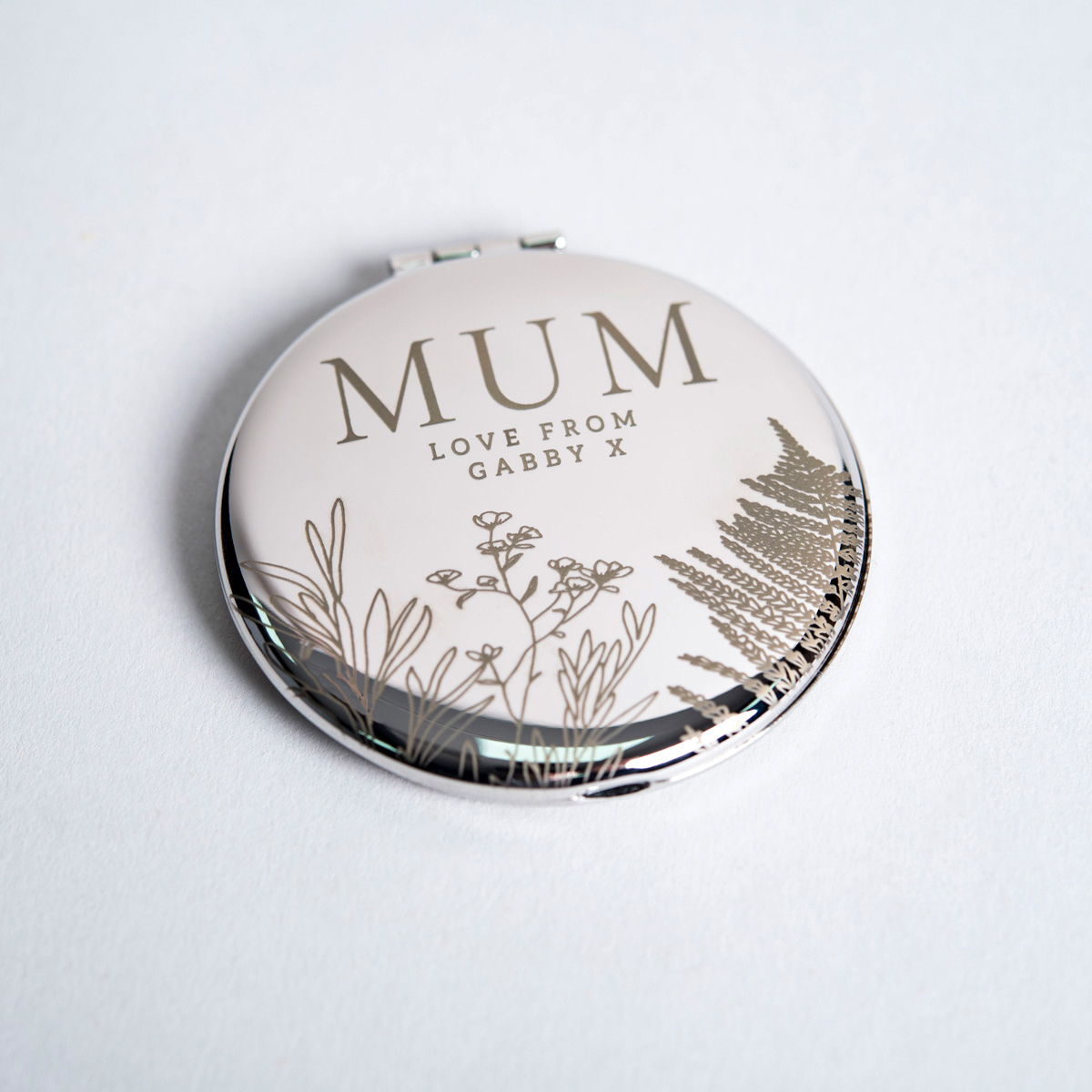 Engraved Silver Round Compact Mirror - Floral
