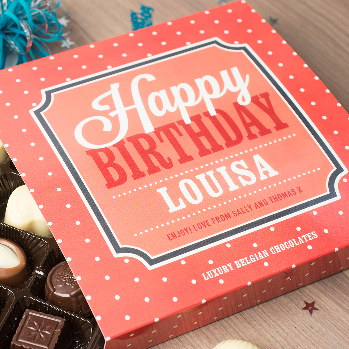 Personalised Belgian Chocolates - Happy Birthday Dots