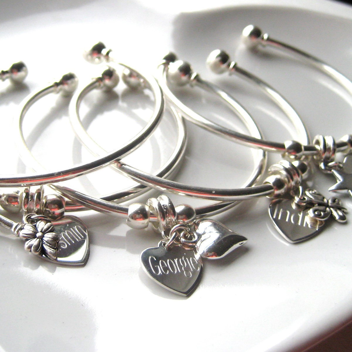 Personalised Franklin Bangle - Sterling Silver Heart Silver Plated Charm