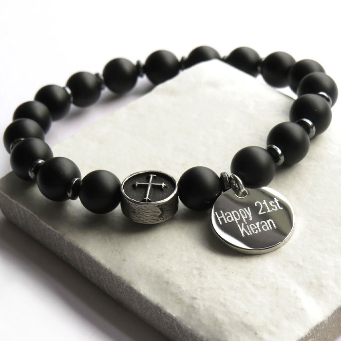 Personalised Men's Black Agate & Cross Bracelet