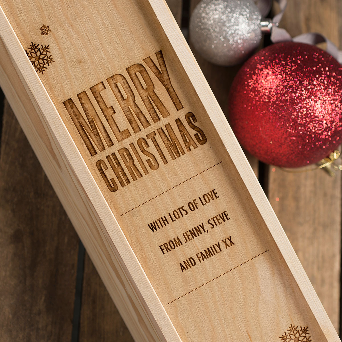 Personalised Wooden Wine Box - Merry Christmas Snowflakes