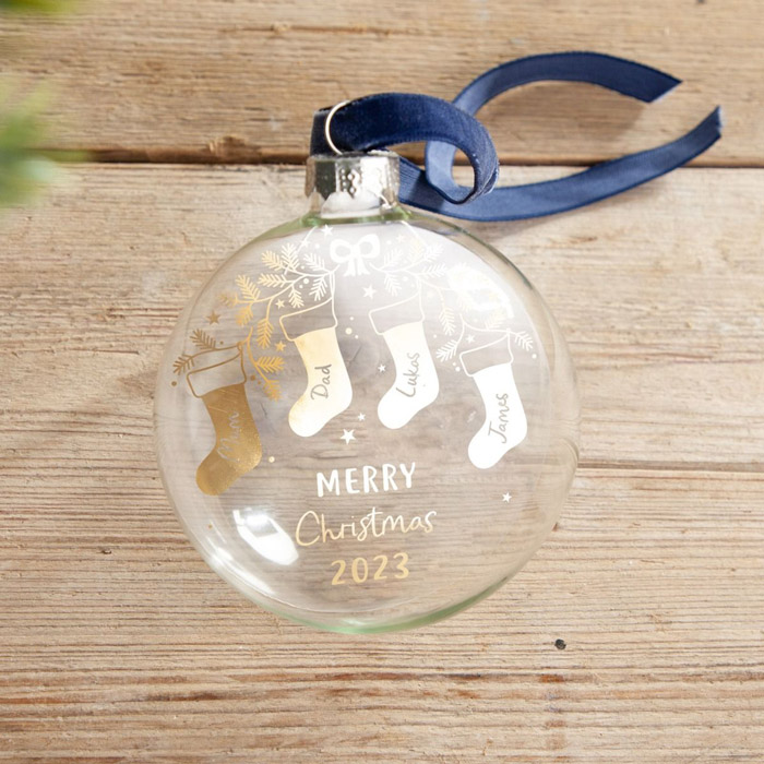 Personalised Christmas Stockings Family Foiled Glass Bauble