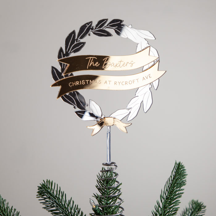 Personalised Metallic Mirror Laurel Wreath Christmas Tree Topper