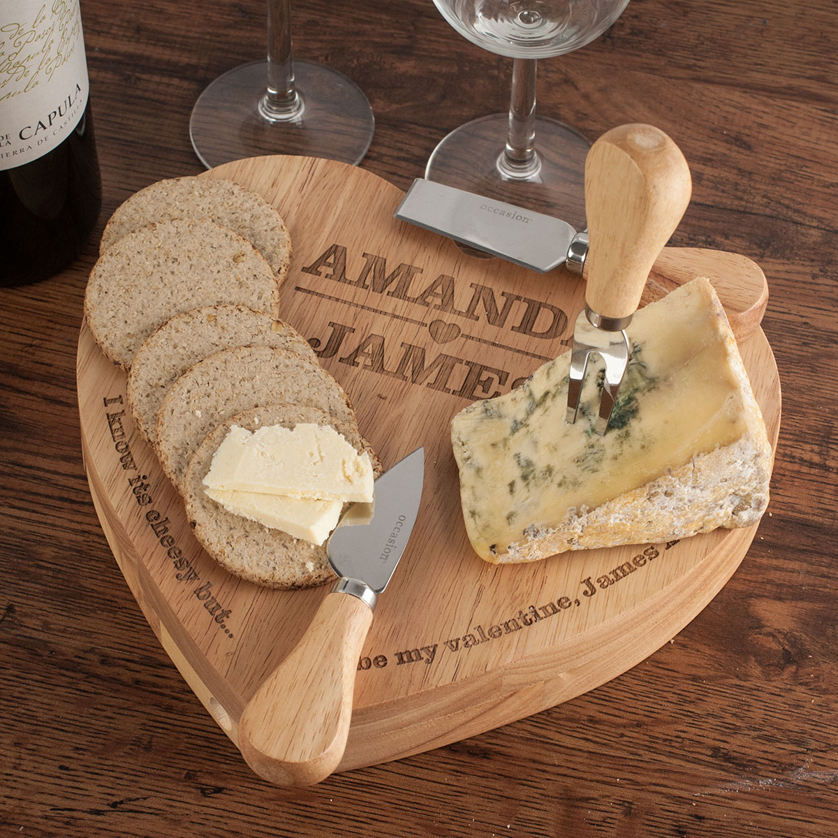 Personalised Heart Shaped Wooden Cheeseboard Set - Couples