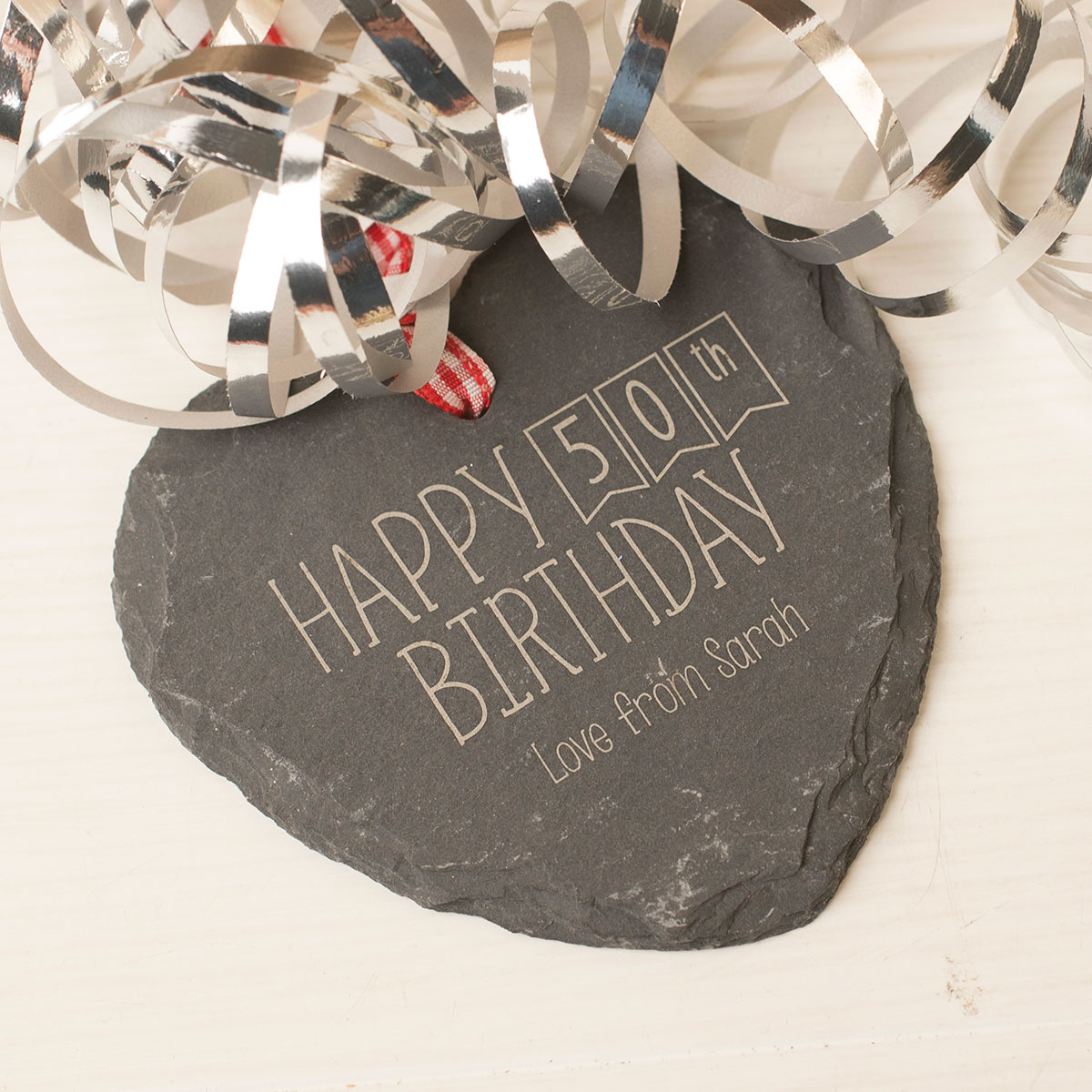 Engraved Heart Shaped Slate Hanging Keepsake - Happy 50th Birthday