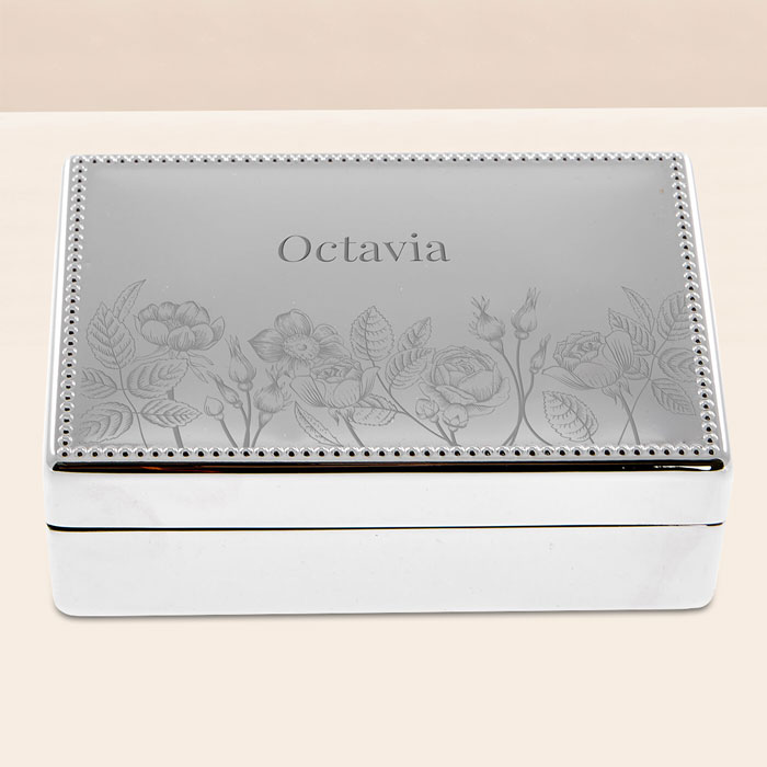 Engraved Silver Rectangular Beaded Jewellery Box - Floral design
