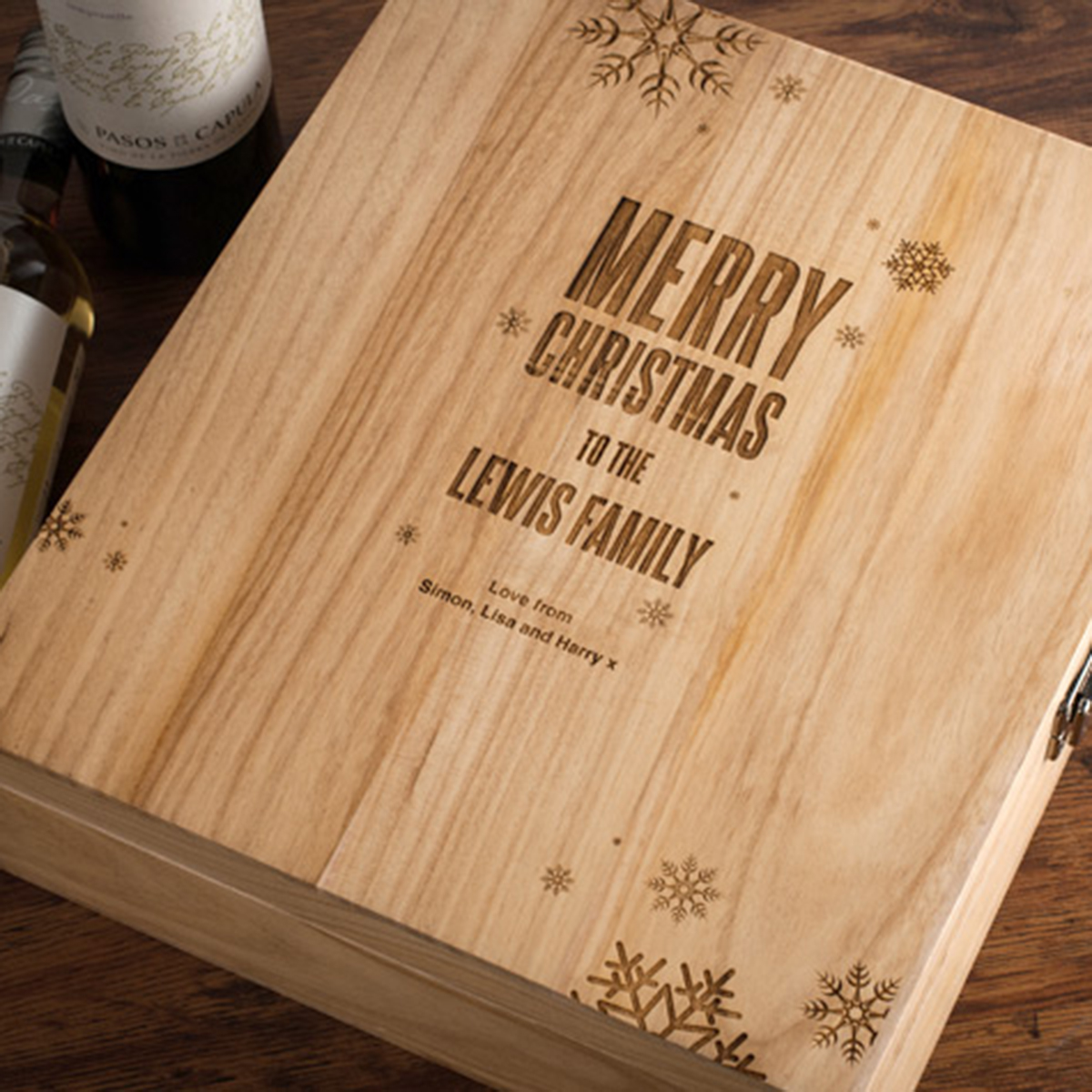 Personalised 3 Bottle Luxury Wooden Wine Box - Festive Snowflakes